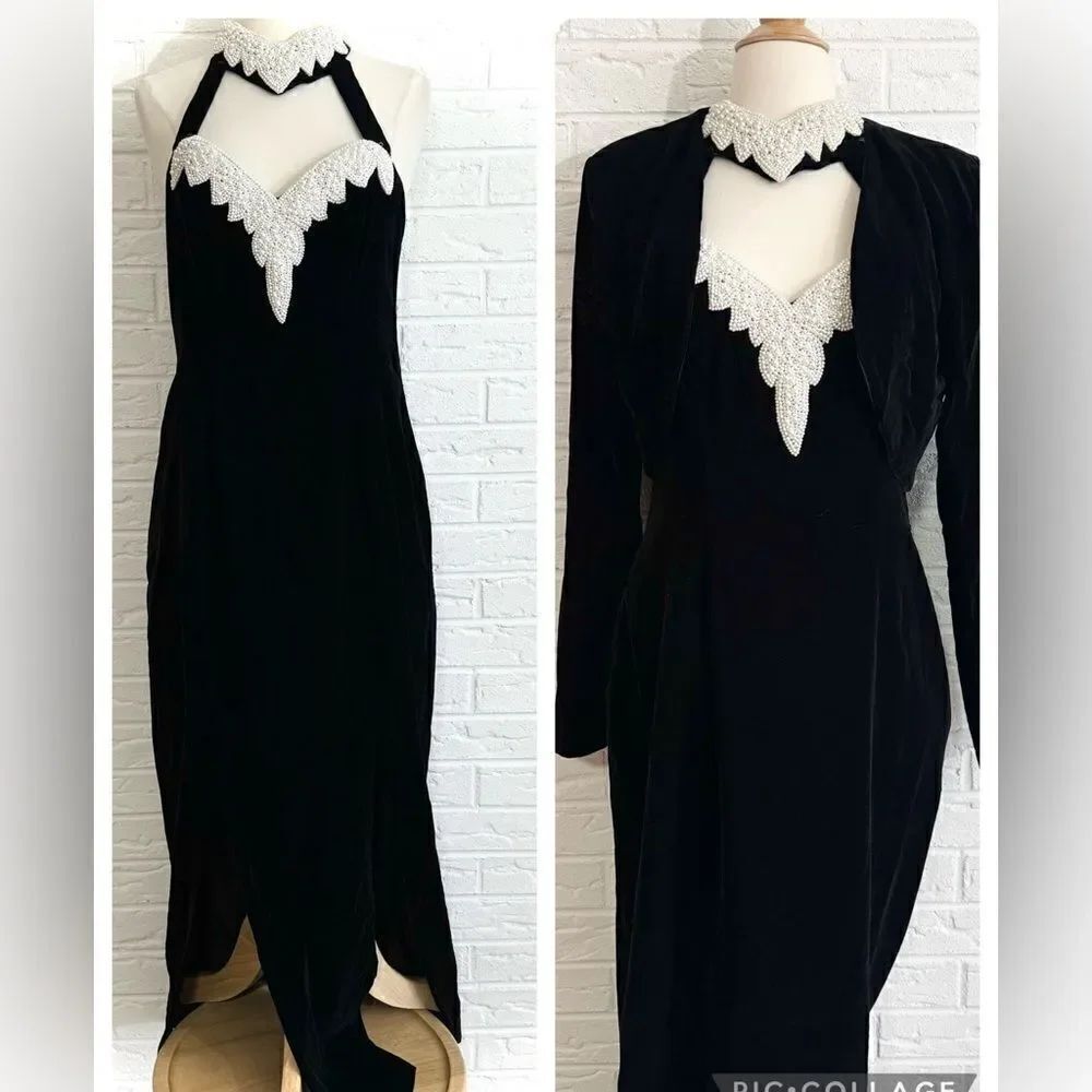 VINTAGE Dave & Johnny Black Velvet Beaded Collar Dress with Jacket Size 10